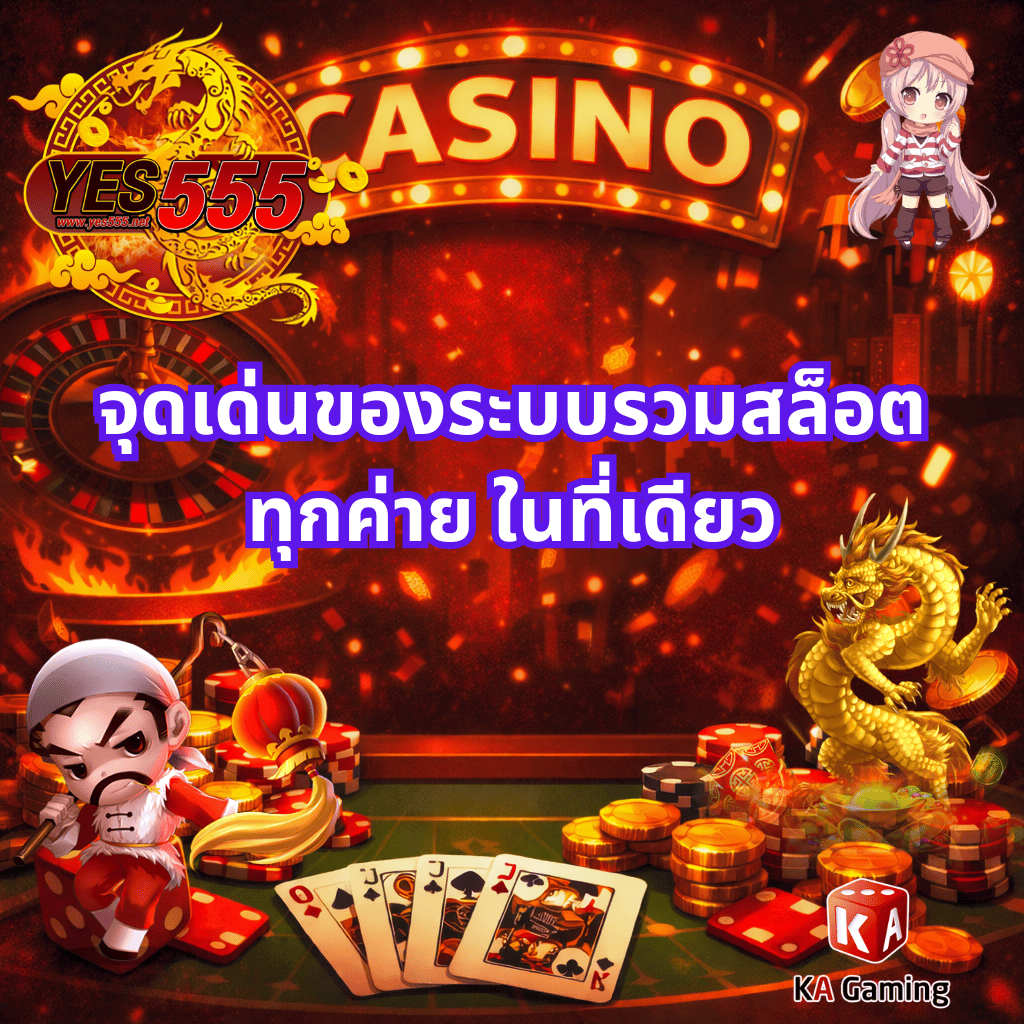 ภาพหน้าปกธีมคาสิโนโทนสีแดงเพลิง มีโลโก้ YES555 และข้อความ “จุดเด่นของระบบรวมสล็อตทุกค่าย ในที่เดียว” พร้อมองค์ประกอบรูเล็ต ไพ่ เหรียญทอง มังกรทอง ตัวละครการ์ตูนคาสิโน และบรรยากาศแสงไฟคาสิโนสไตล์แฟนตาซี