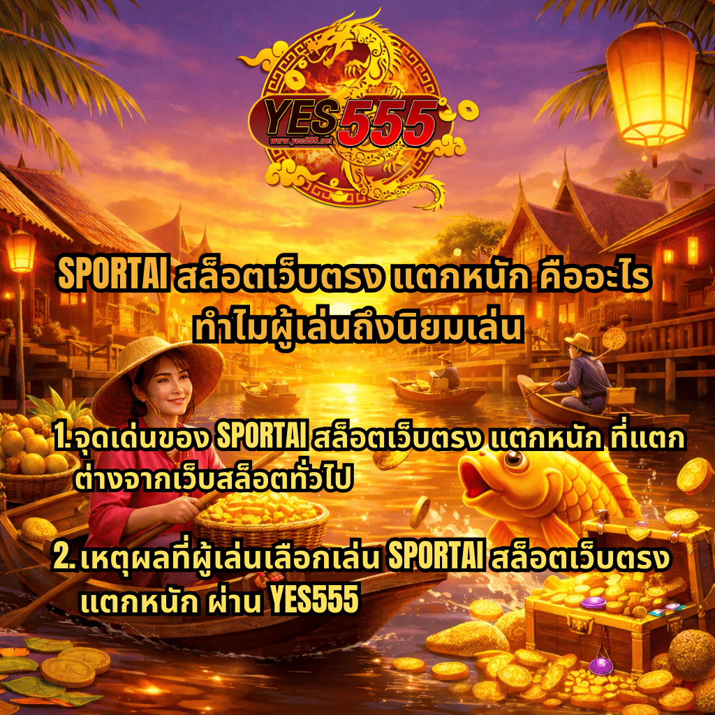SPORTAI สล็อตเว็บตรง แตกหนัก ผ่าน YES555 ธีมตลาดน้ำไทย มีหญิงพายเรือขายผลไม้กลางแม่น้ำ ปลาทองกระโดดพร้อมเหรียญทองและหีบสมบัติ สื่อถึงเกมสล็อตแตกง่าย ระบบออโต้ เล่นสะดวก ปลอดภัยบนเว็บสล็อตเว็บตรง