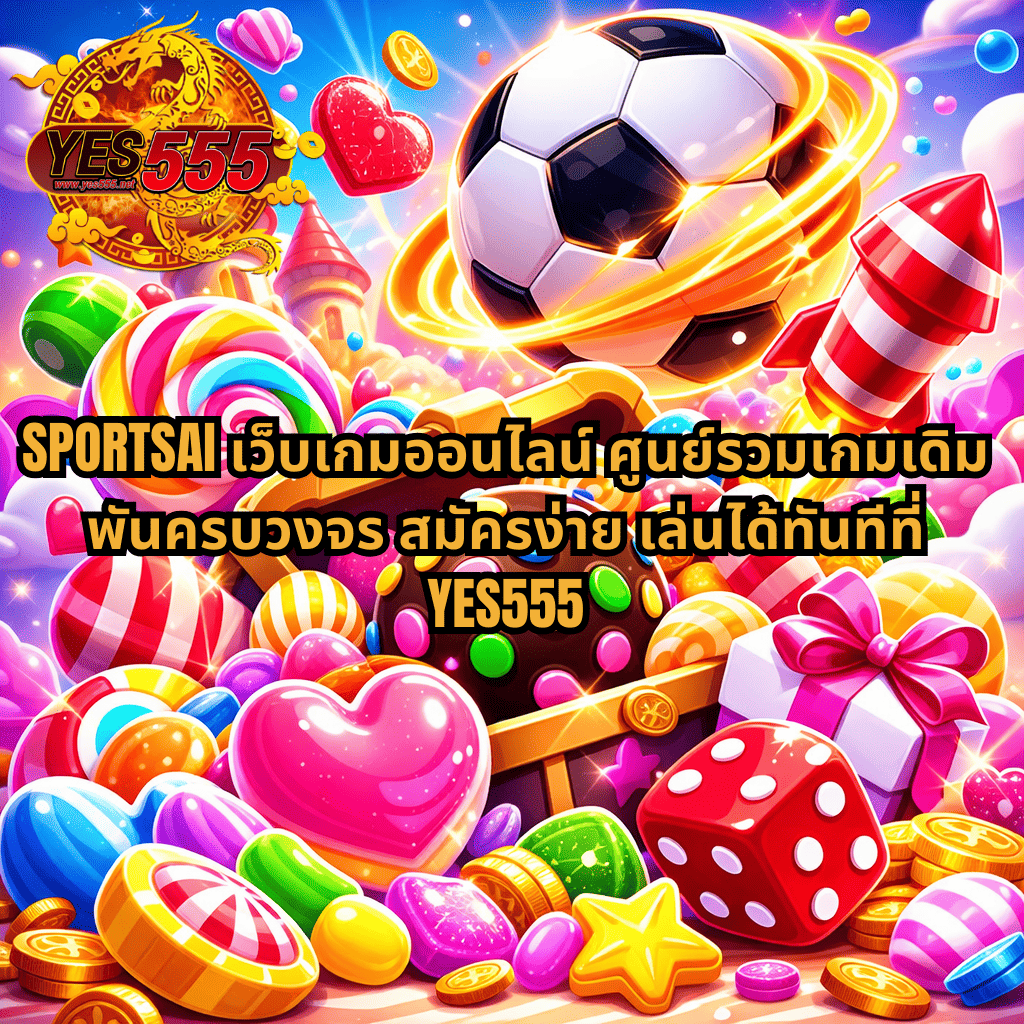 ภาพกราฟิกธีม Candy Burst สีสันสดใส มีลูกบอลฟุตบอลลอยอยู่กลางภาพพร้อมเอฟเฟกต์แสง รอบๆ เต็มไปด้วยลูกอม ลูกกวาด กล่องสมบัติ เหรียญ ลูกเต๋า และจรวดขนมหวาน พร้อมข้อความโปรโมต SPORTSAI เว็บเกมออนไลน์ ศูนย์รวมเกมเดิมพันครบวงจร สมัครง่าย เล่นได้ทันทีที่ YES555