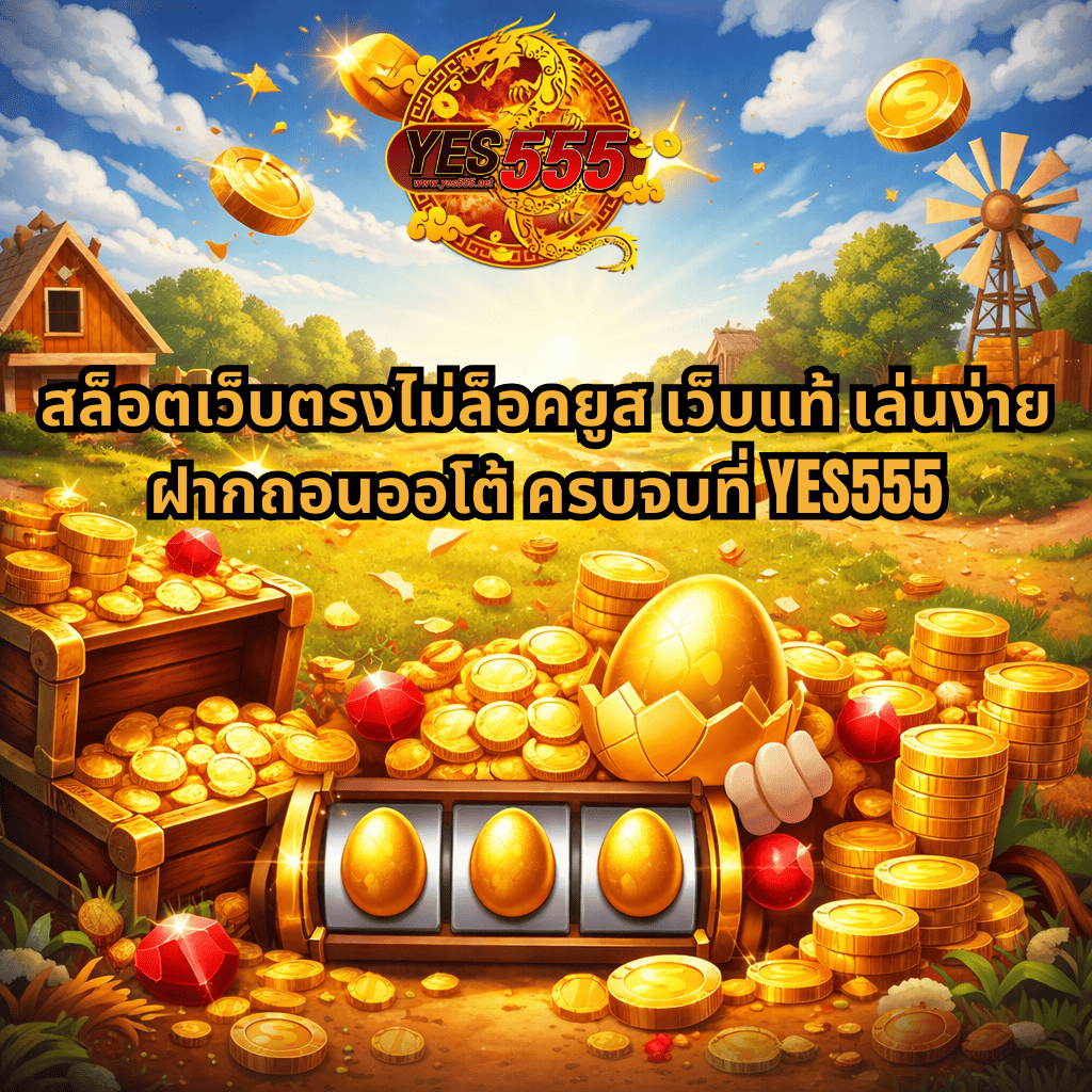 สล็อตเว็บตรงไม่ล็อคยูส เว็บแท้ เล่นง่าย ฝากถอนออโต้ ครบจบที่ YES555 ภาพธีมสล็อต Chicky Run พร้อมเหรียญทอง กองสมบัติ และสัญลักษณ์สล็อตไข่ทองในฉากฟาร์มสีทองสดใส