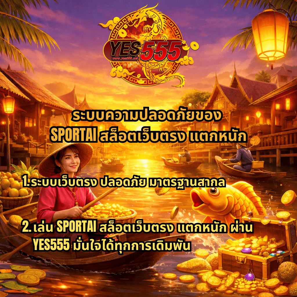 ระบบความปลอดภัยของ SPORTAI สล็อตเว็บตรง แตกหนัก ผ่าน YES555 ธีมตลาดน้ำไทย มีหญิงพายเรือกลางแม่น้ำ ปลาทองกระโดดพร้อมเหรียญทองและหีบสมบัติ สื่อถึงเกมสล็อตแตกง่าย ระบบเว็บตรงปลอดภัย มาตรฐานสากล เล่นได้อย่างมั่นใจ