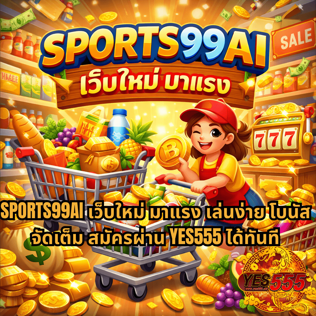 ภาพการ์ตูนธีมซูเปอร์มาร์เก็ตสุดคึกคัก มีตัวละครผู้หญิงกำลังเข็นรถเข็นที่เต็มไปด้วยสินค้า ผลไม้ และเหรียญทอง รายล้อมด้วยเงินและทองคำ พร้อมตู้สล็อต 777 บรรยากาศสดใสสื่อถึงความสนุกและโชคลาภ