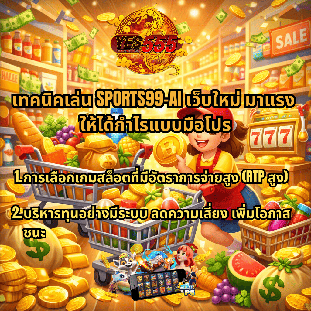 ภาพการ์ตูนธีมซูเปอร์มาร์เก็ตสีสันสดใส มีตัวละครผู้หญิงกำลังเข็นรถเข็นที่เต็มไปด้วยสินค้า ผลไม้ และเหรียญทอง รายล้อมด้วยเงินลอยและทองคำ พร้อมโลโก้ YES555 ด้านบน และตู้สล็อต 777 ด้านข้าง มีข้อความแนะนำเทคนิคเล่น SPORTS99-AI เช่น การเลือกเกม RTP สูง และการบริหารทุนเพื่อลดความเสี่ยง