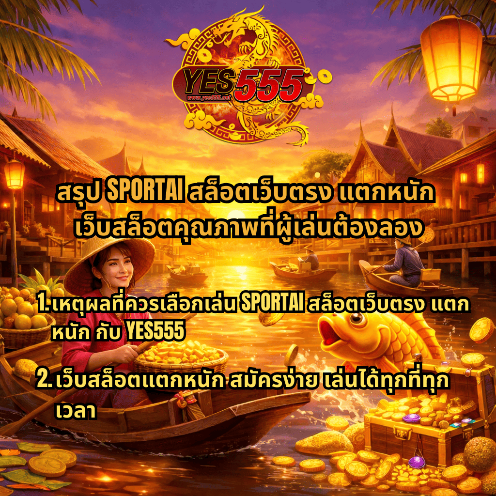 สรุป SPORTAI สล็อตเว็บตรง แตกหนัก ผ่าน YES555 ธีมตลาดน้ำไทย มีหญิงพายเรือขายผลไม้กลางแม่น้ำ ปลาทองกระโดดพร้อมเหรียญทองและหีบสมบัติ สื่อถึงเกมสล็อตแตกง่าย สมัครง่าย เล่นได้ทุกที่ทุกเวลา บนเว็บสล็อตคุณภาพ