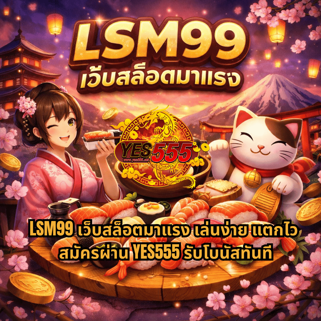 ภาพโปรโมต LSM99 เว็บสล็อตมาแรง ธีมญี่ปุ่น มีซูชิ แมวกวัก และสาวกิโมโน พร้อมข้อความสมัครผ่าน YES555 รับโบนัสทันที