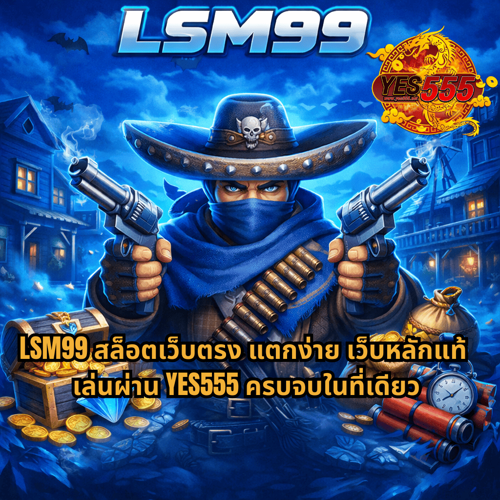 ภาพโปรโมต LSM99 ธีม Wild West โทนสีน้ำเงิน ตัวละครคาวบอยสวมหมวกถือปืนสองข้าง ฉากเมืองตะวันตกกลางคืน มีหีบสมบัติ เหรียญทอง เพชร ถุงเงิน และระเบิด พร้อมข้อความ LSM99 สล็อตเว็บตรง แตกง่าย เว็บหลักแท้ เล่นผ่าน YES555 ครบจบในที่เดียว