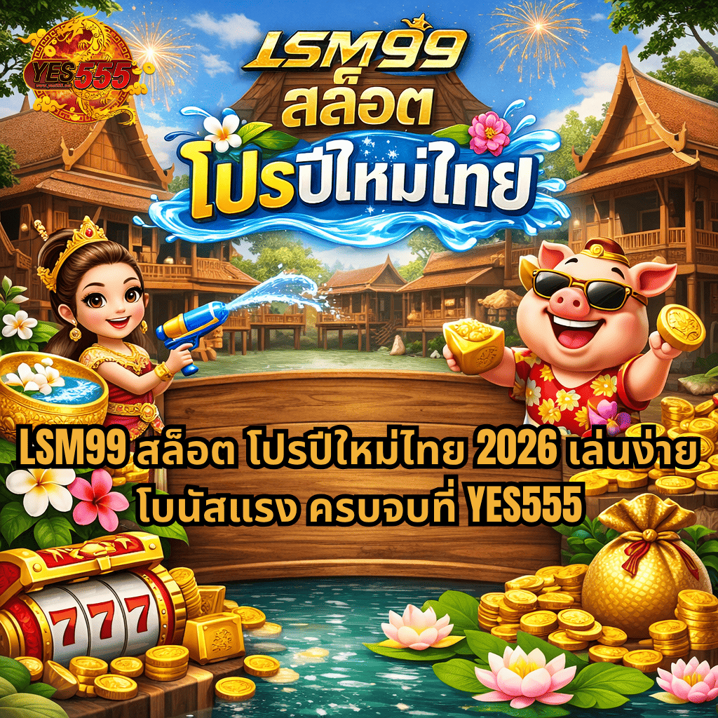 ภาพโปรโมชันเกมสล็อตธีมสงกรานต์ แสดงฉากบ้านทรงไทยริมสระน้ำ มีหญิงสาวชุดไทยถือปืนฉีดน้ำและหมูการ์ตูนใส่แว่นถือทอง รายล้อมด้วยเหรียญทอง ดอกไม้ และพลุไฟ พร้อมข้อความ “LSM99 สล็อต โปรปีใหม่ไทย 2026 เล่นง่าย โบนัสแรง ครบจบที่ YES555”