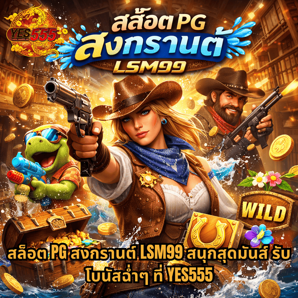 สล็อต PG สงกรานต์ LSM99 ธีม Wild Bounty Showdown คาวบอยสาวถือปืน ฉากเมืองตะวันตก พร้อมเหรียญทอง กระบะสมบัติ น้ำสาดสไตล์สงกรานต์ และสัญลักษณ์ WILD บรรยากาศสนุกสดใส พร้อมโลโก้ YES555